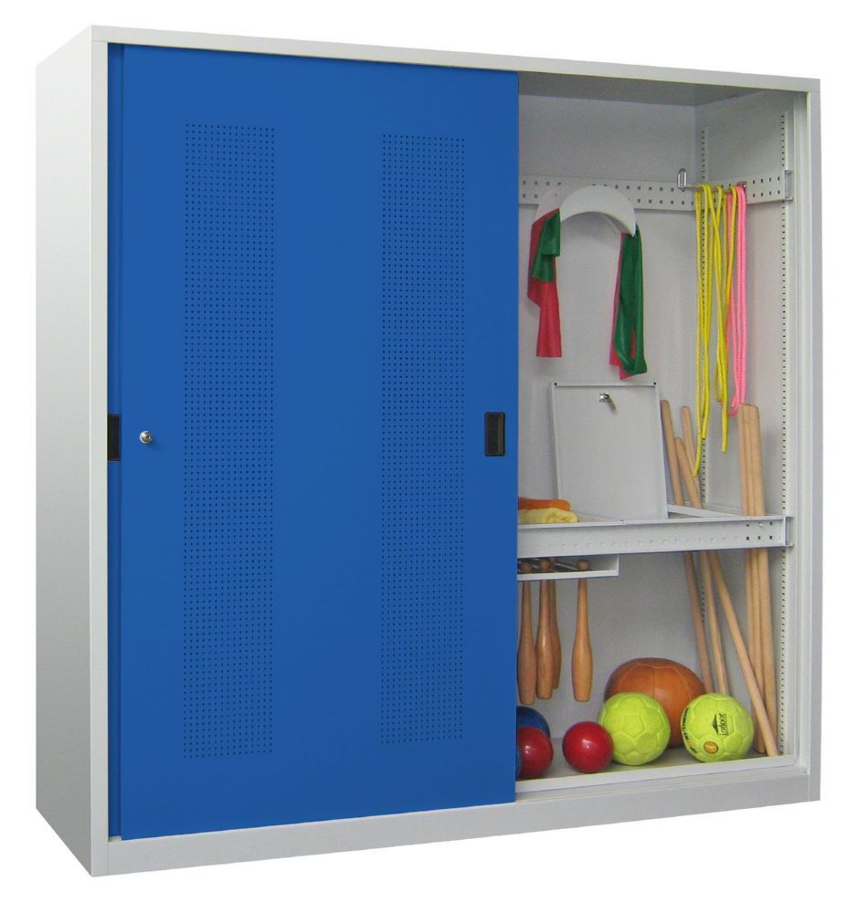 Produktbild PAVOY Schiebetürenmodulschrank 1950x2000x600 Lochfeldtür Bälle/Geräte RAL 7035/5010