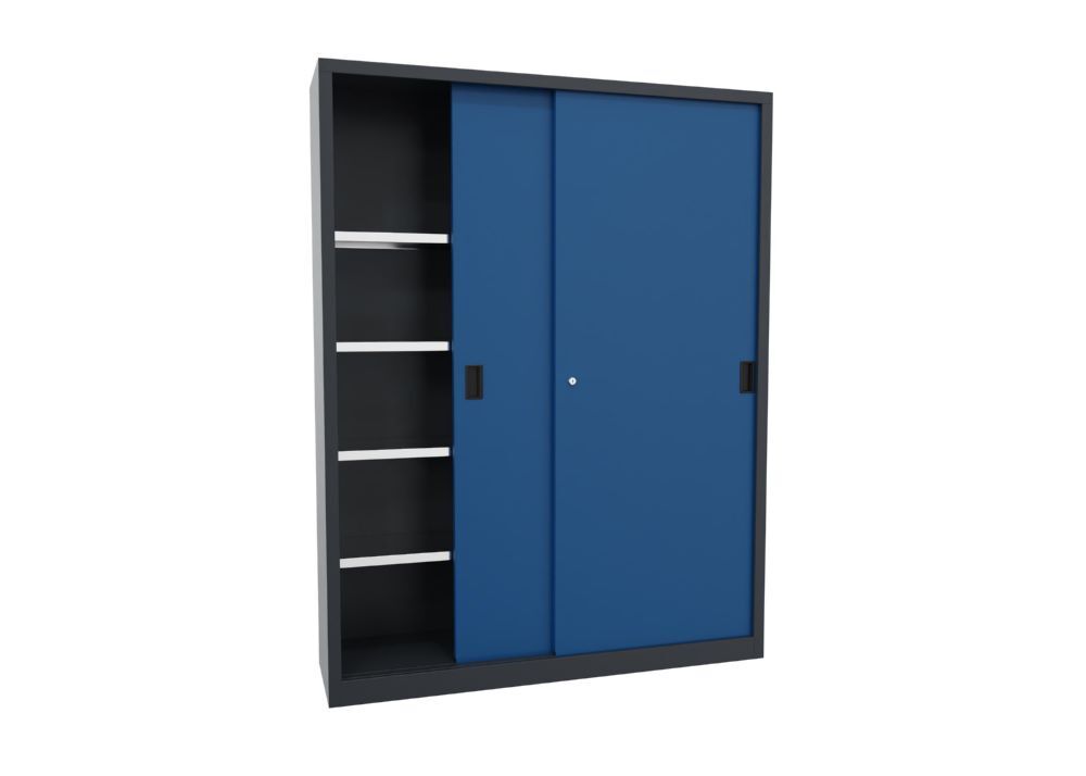 Produktbild PAVOY Schiebetürenschrank 1950x1500x400 mm 8 Böden verzinkt RAL 7016/5010