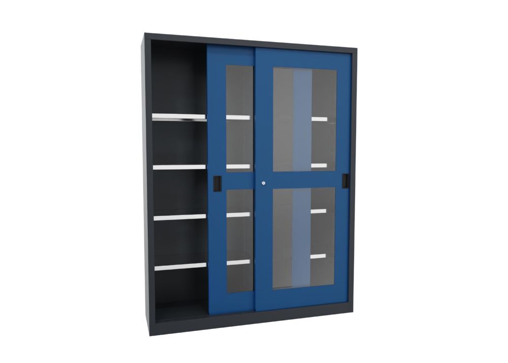 Produktbild Schiebetürenschrank, 1950x1500x400 mm, 8 Böden verzinkt, RAL 7016/5010 bild 2