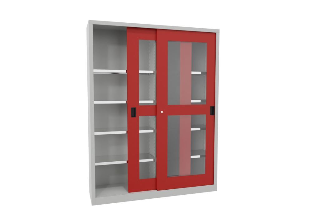 Produktbild Schiebetürenschrank, 1950x1500x400 mm, 8 Böden verzinkt, RAL 7035/3000 bild 2