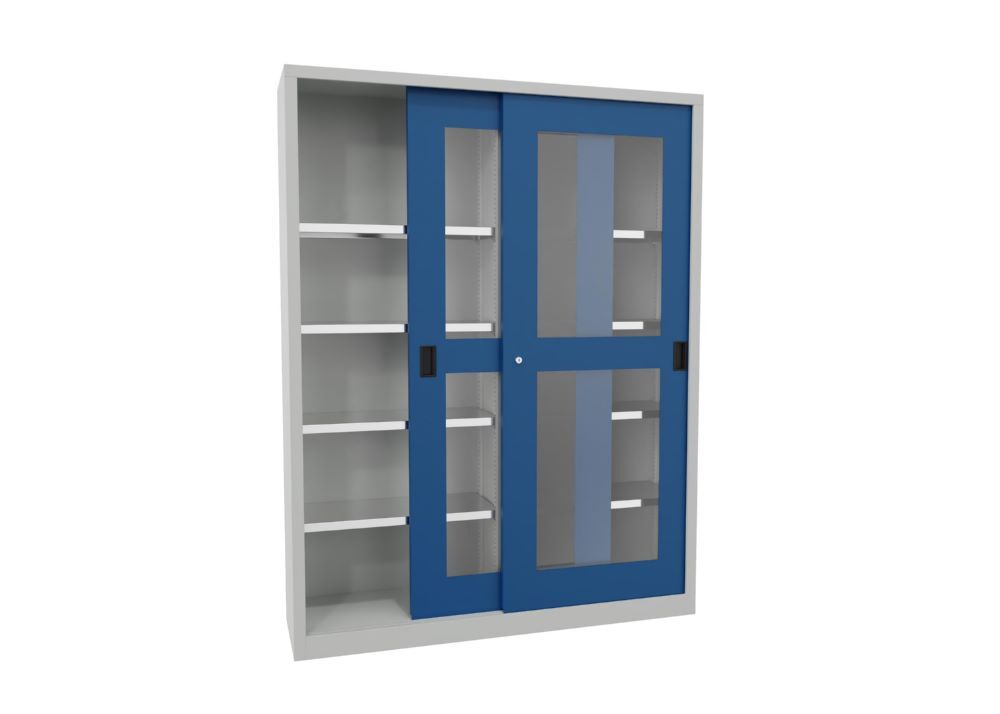 Produktbild Schiebetürenschrank, 1950x1500x400 mm, 8 Böden verzinkt, RAL 7035/5010 bild 2