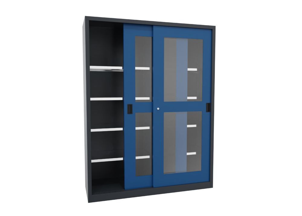 Produktbild Schiebetürenschrank, 1950x1500x500 mm, 8 Böden verzinkt, RAL 7016/5010 bild 2