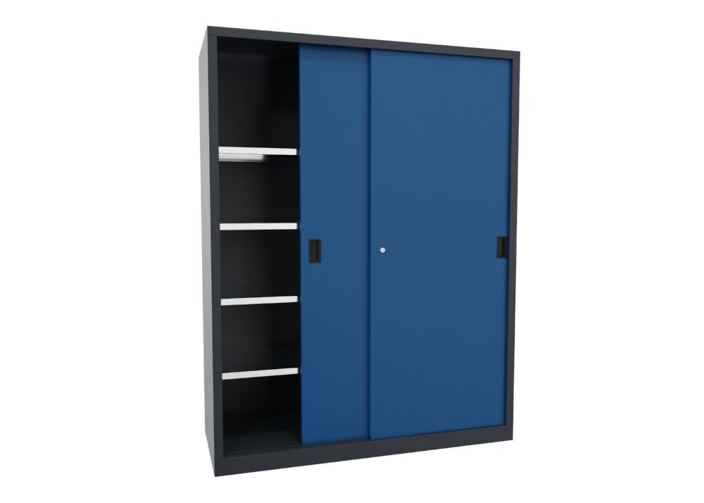 Produktbild Schiebetürenschrank, 1950x1500x600 mm, 8 Böden verzinkt, RAL 7016/5010 bild 2