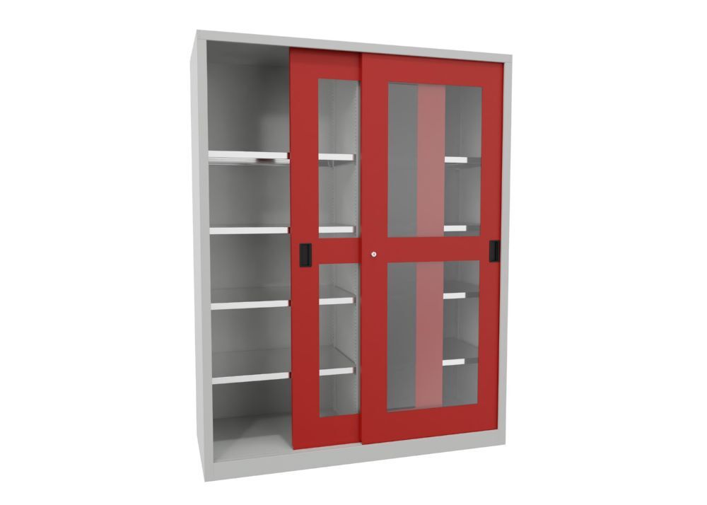 Produktbild Schiebetürenschrank, 1950x1500x600 mm, 8 Böden verzinkt, RAL 7035/3000 bild 2