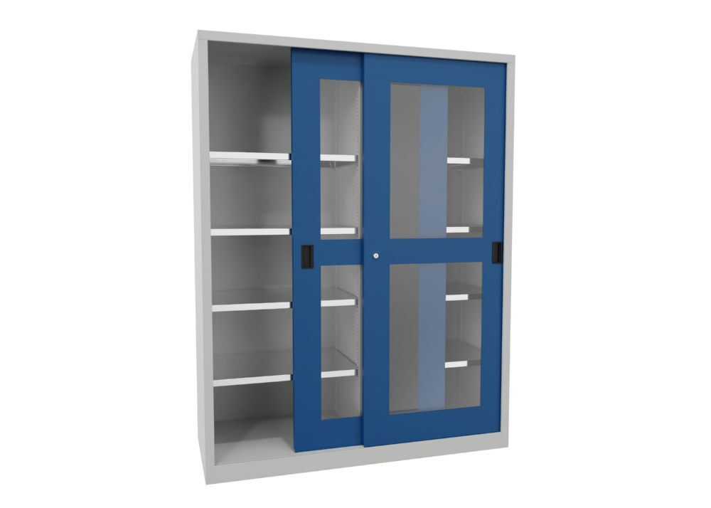 Produktbild Schiebetürenschrank, 1950x1500x600 mm, 8 Böden verzinkt, RAL 7035/5010 bild 2