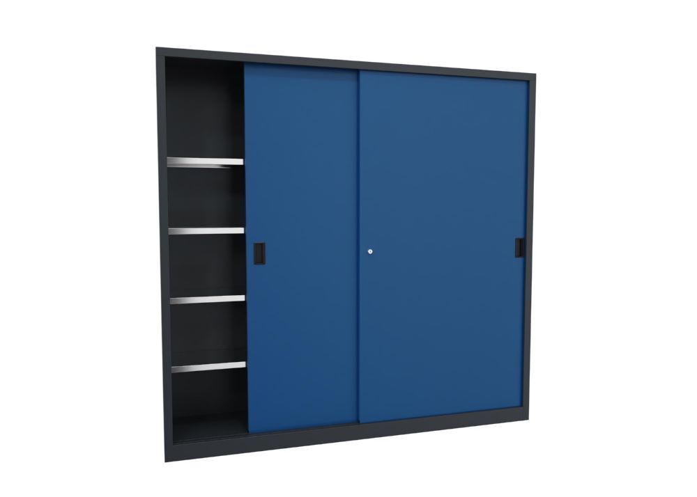 Produktbild Schiebetürenschrank, 1950x2000x400 mm, 8 Böden verzinkt, RAL 7016/5010 bild 2