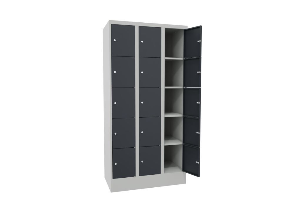 Produktbild Schließfachschrank mit Sockel, 1850x900x500 mm, 15 Fächer, RAL 7035/7016 bild 3