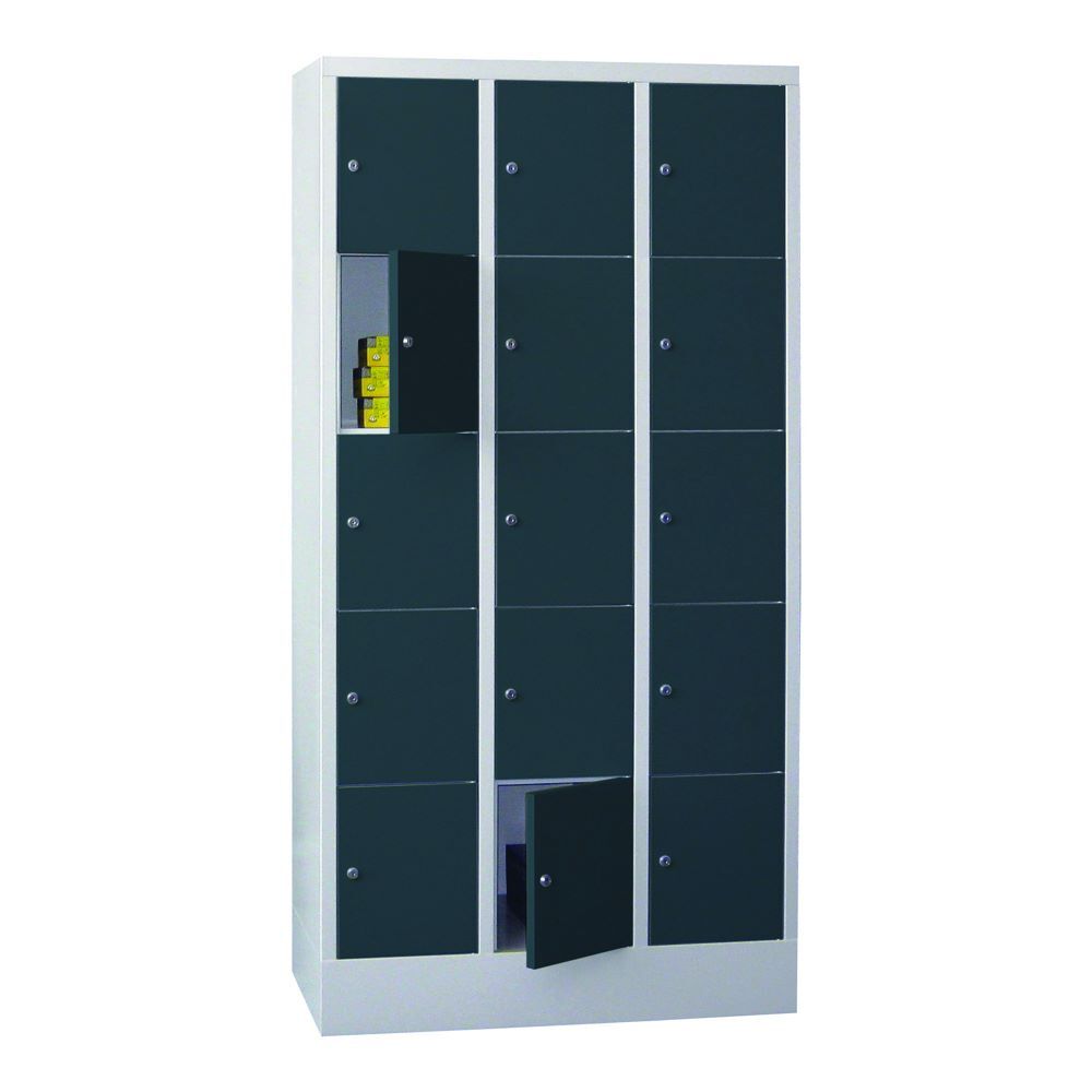 Produktbild PAVOY Schließfachschrank mit Sockel 1850x900x500 mm 15 Fächer RAL 7035/7016