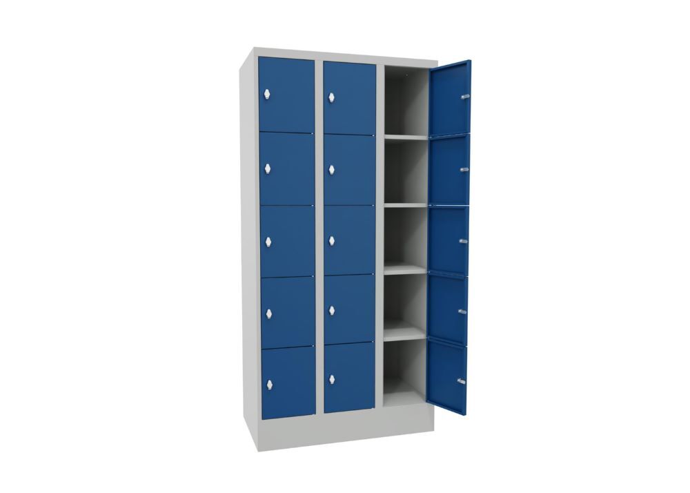 Produktbild Schließfachschrank mit Sockel, 1850x900x500 mm, 15 Fächer, RAL 7035/5010 bild 3