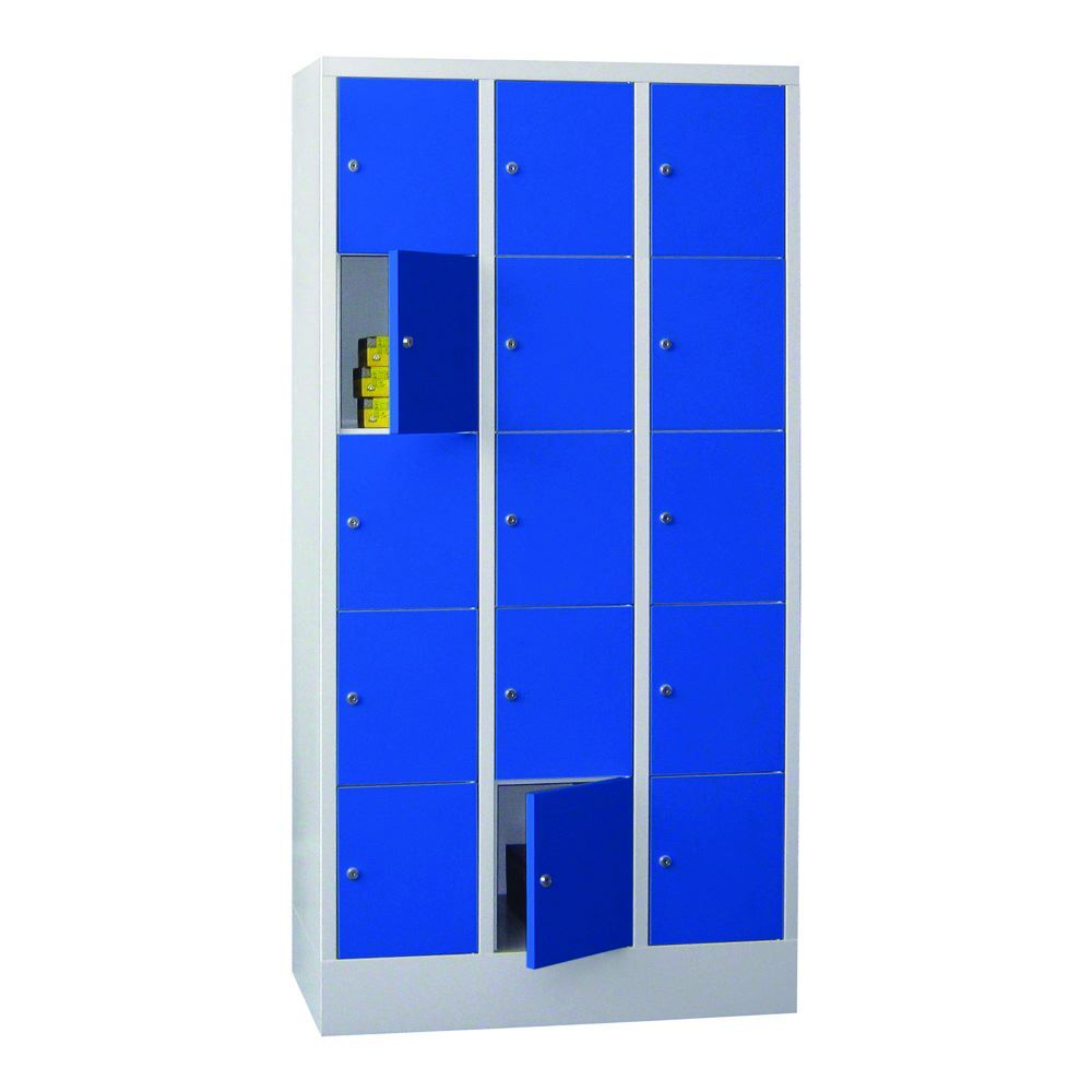 Produktbild PAVOY Schließfachschrank mit Sockel 1850x900x500 mm 15 Fächer RAL 7035/5010