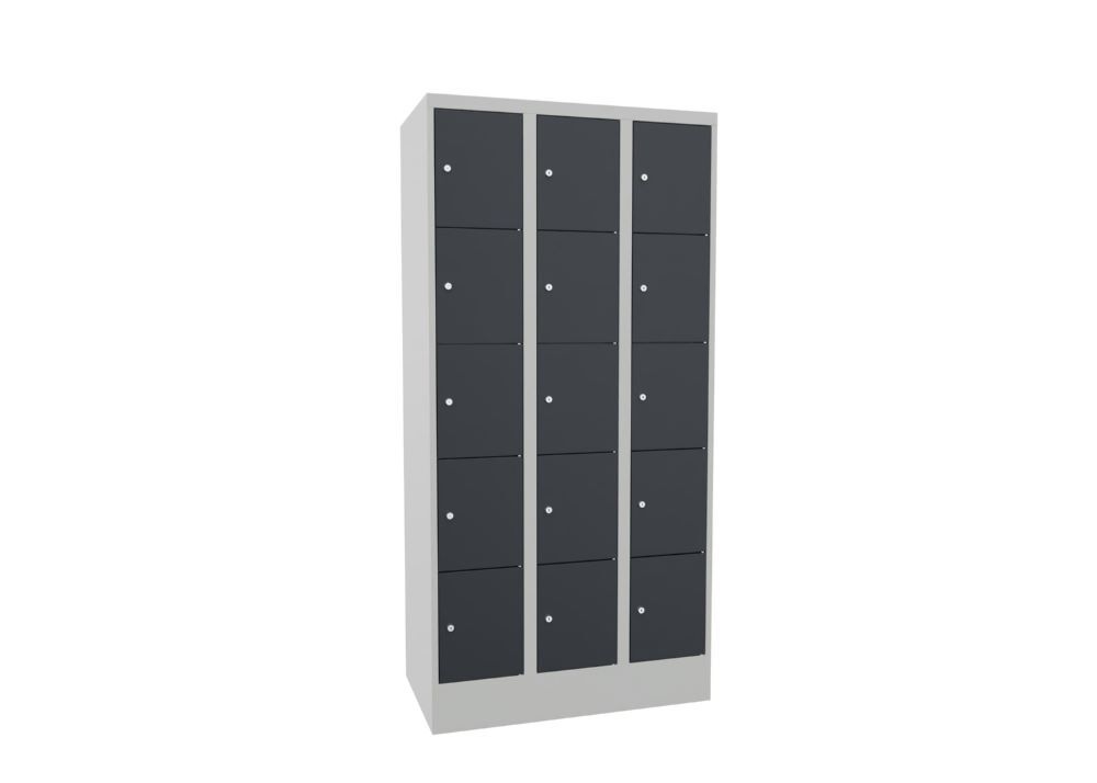 Produktbild PAVOY Schließfachschrank mit Sockel 1850x900x500 mm 15 Fächer RAL 7035/7016
