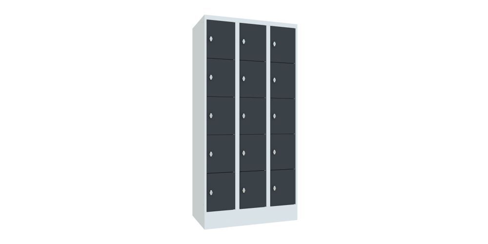 Produktbild PAVOY Schließfachschrank mit Sockel 1850x900x500 mm 15 Fächer RAL 7035/7016