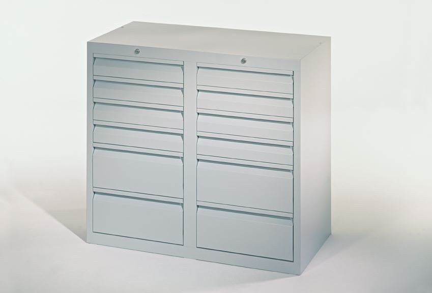 Produktbild PAVOY Schubladenschrank Gleitführung 900x1000x500 mm Blende 8x100 4x200 RAL 7035