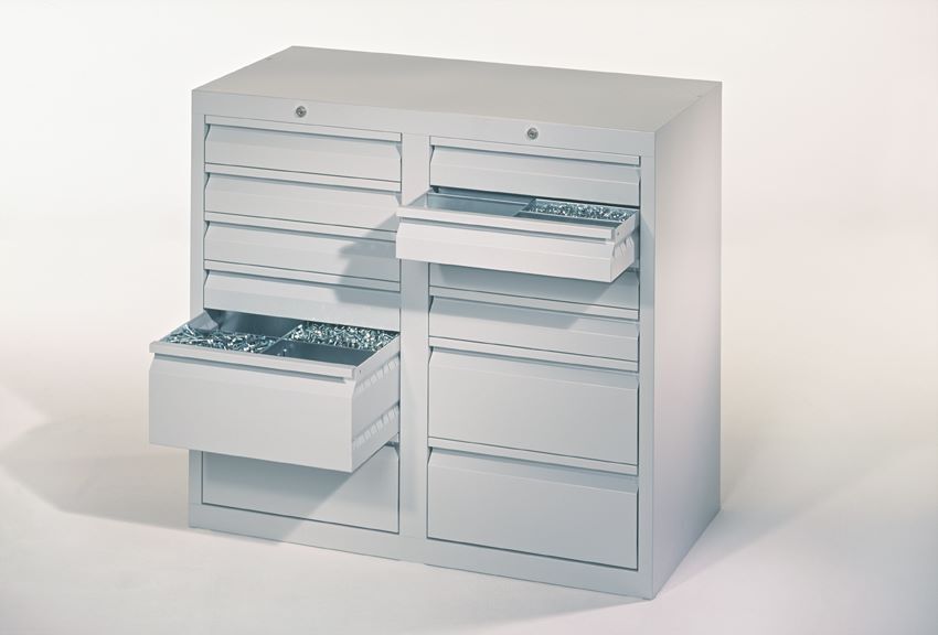 Produktbild Schubladenschrank Gleitführung, 900x1000x500 mm, Blende 8x100, 4x200, RAL 7035 bild 2