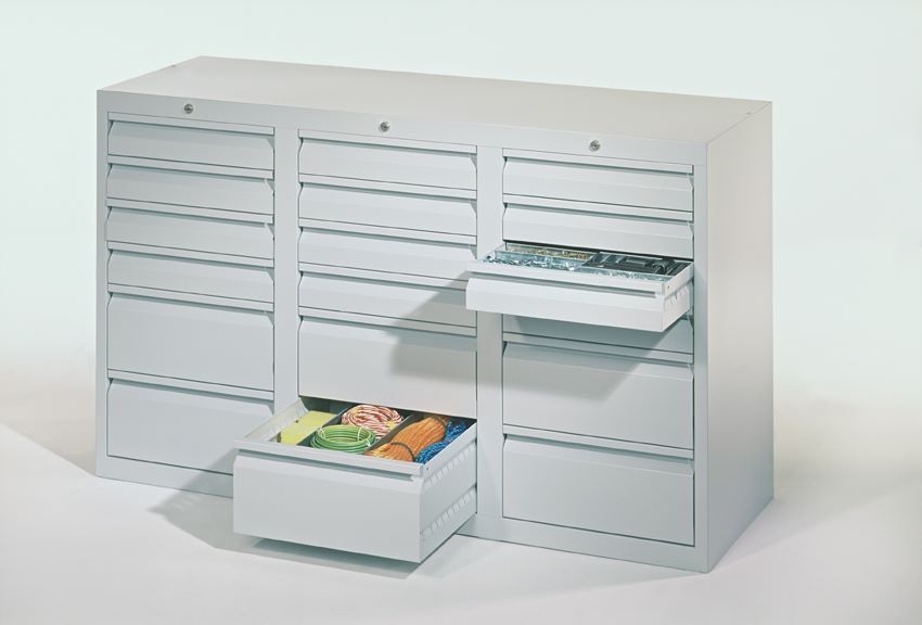 Produktbild Schubladenschrank Gleitführung, 900x1500x500 mm, 12x100, 6x200, RAL 7035 bild 2