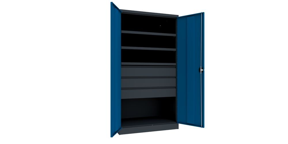Produktbild Schwerlastschrank, 3 Fachböden a 120 kg, 3 Schubladen a 175 mm, Ral 7016/5010 bild 2
