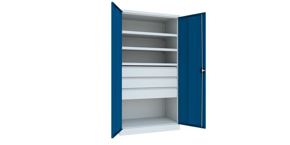 Produktbild Schwerlastschrank, 3 Fachböden a 120 kg, 3 Schubladen a 175 mm, Ral 7035/5010 bild 2