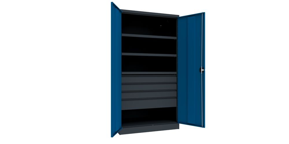Produktbild Schwerlastschrank, 3 Fachböden a 120 kg, 4 Schubladen, Ral 7016/5010 bild 2