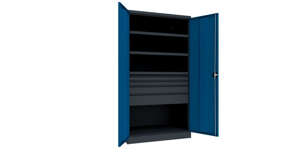 Produktbild Schwerlastschrank, 3 Fachböden a 120 kg, 5 Schubladen, RAL 7016/5010 bild 2