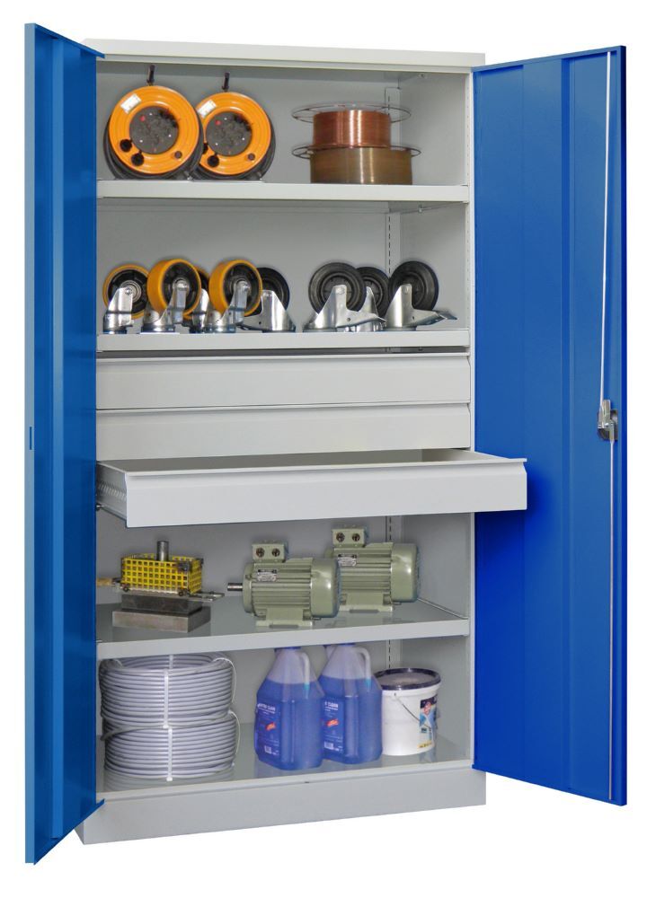 Produktbild Schwerlastschrank, 3 Fachböden a 200 kg, 3 Schubladen a 125 mm, Ral 7035/5010 bild 3