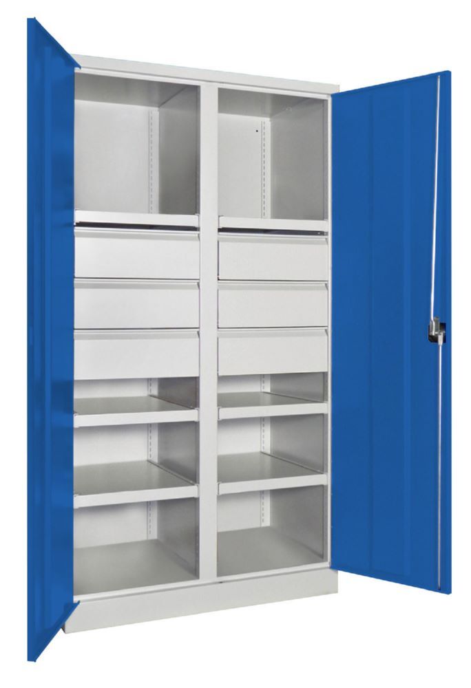 Produktbild Schwerlastschrank, Trennwand, 6 Fachböden a 120 kg, 6 Schubladen, RAL 7035/5010 bild 2