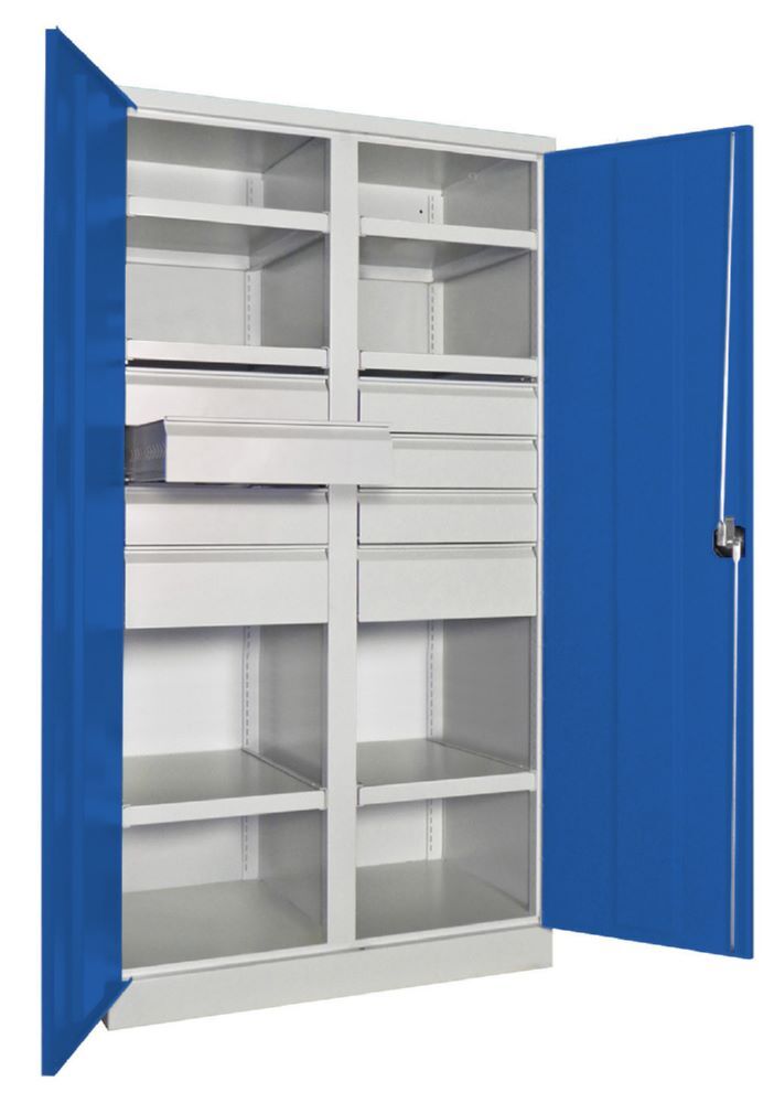 Produktbild Schwerlastschrank, Trennwand, 6 Fachböden a 120 kg, 8 Schubladen, RAL 7035/5010 bild 2
