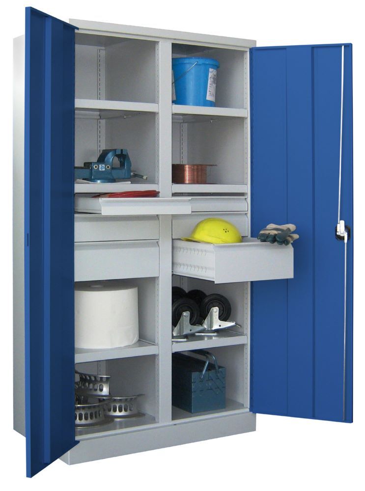 Produktbild Schwerlastschrank, Trennwand, 6 Fachböden a 120 kg, 6 Schubladen, RAL 7035/5010 bild 3