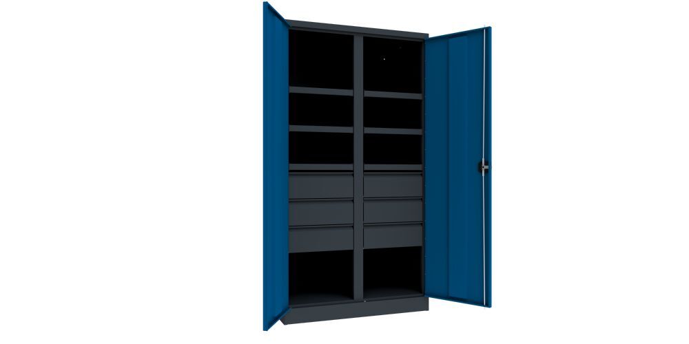 Produktbild Schwerlastschrank, Trennwand, 6 Fachböden a 200 kg, 6 Schubladen, RAL 7016/5010 bild 2
