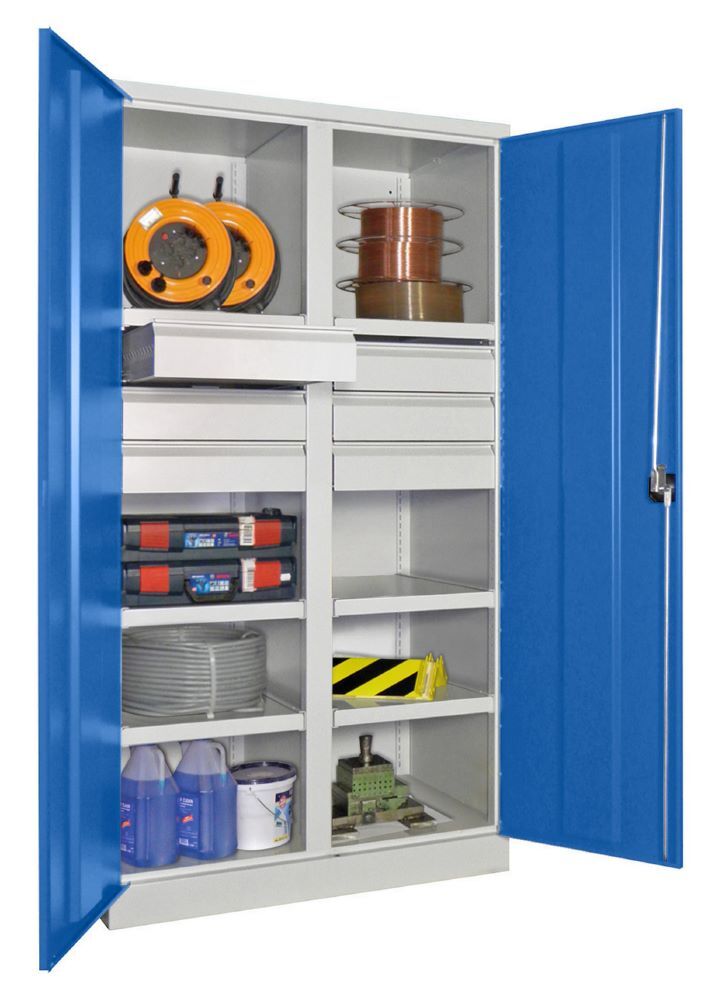 Produktbild Schwerlastschrank, Trennwand, 6 Fachböden a 200 kg, 6 Schubladen, RAL 7035/5010 bild 3