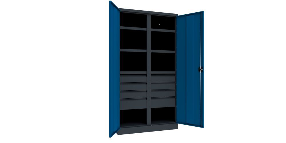 Produktbild Schwerlastschrank, Trennwand, 6 Fachböden a 200 kg, 8 Schubladen, RAL 7016/5010 bild 2