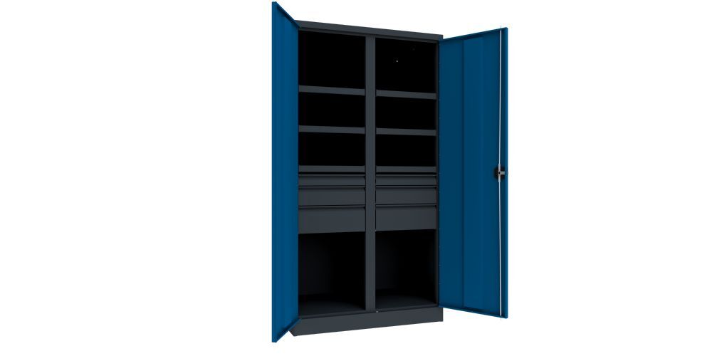 Produktbild Schwerlastschrank, Trennwand, 6 Fachböden a 200 kg, 6 Schubladen, RAL 7016/5010 bild 2