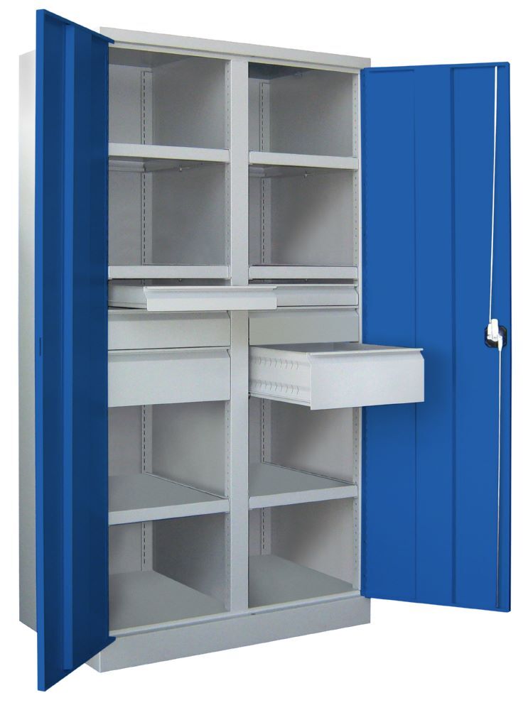 Produktbild Schwerlastschrank, Trennwand, 6 Fachböden a 200 kg, 6 Schubladen, RAL 7035/5010 bild 2