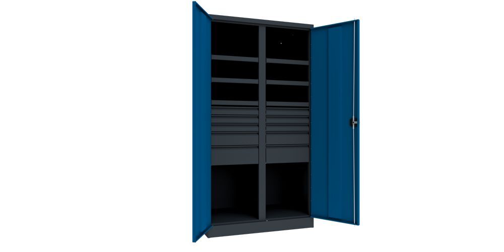 Produktbild Schwerlastschrank, Trennwand, 6 Fachböden a 200 kg, 10 Schubladen, RAL 7016/5010 bild 2