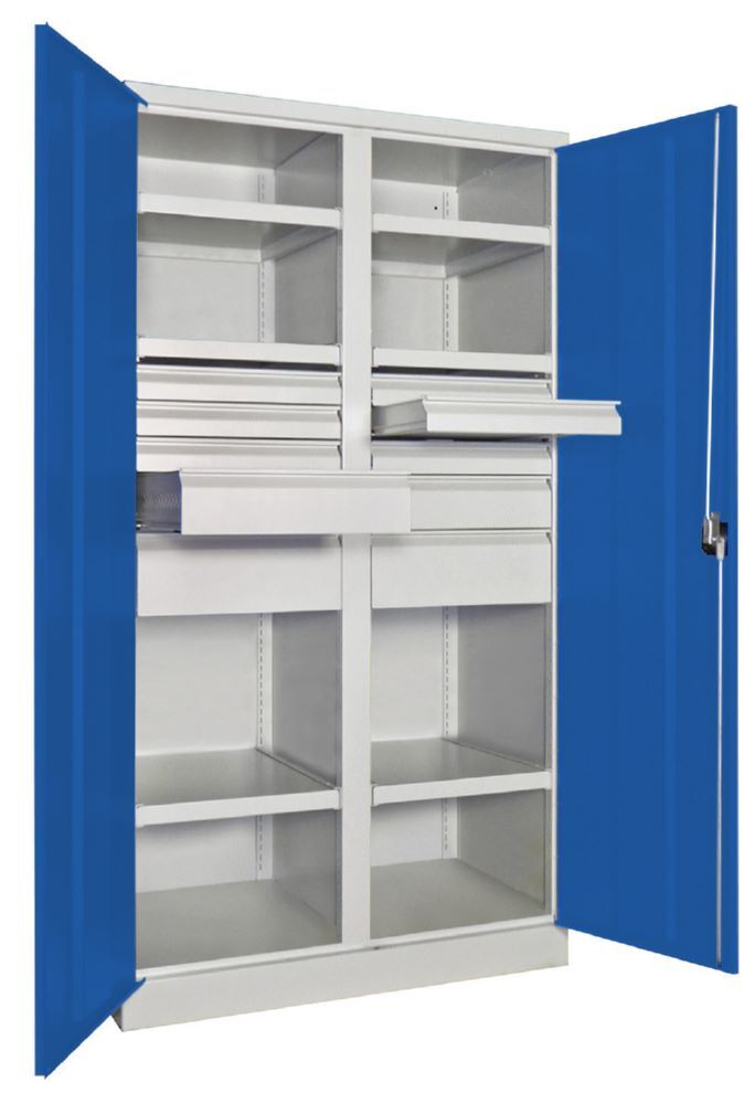 Produktbild Schwerlastschrank, Trennwand, 6 Fachböden a 200 kg, 10 Schubladen, RAL 7035/5010 bild 2