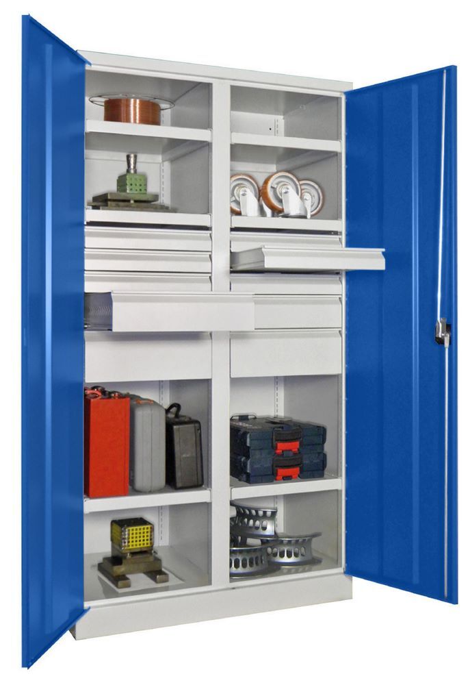 Produktbild Schwerlastschrank, Trennwand, 6 Fachböden a 200 kg, 10 Schubladen, RAL 7035/5010 bild 3