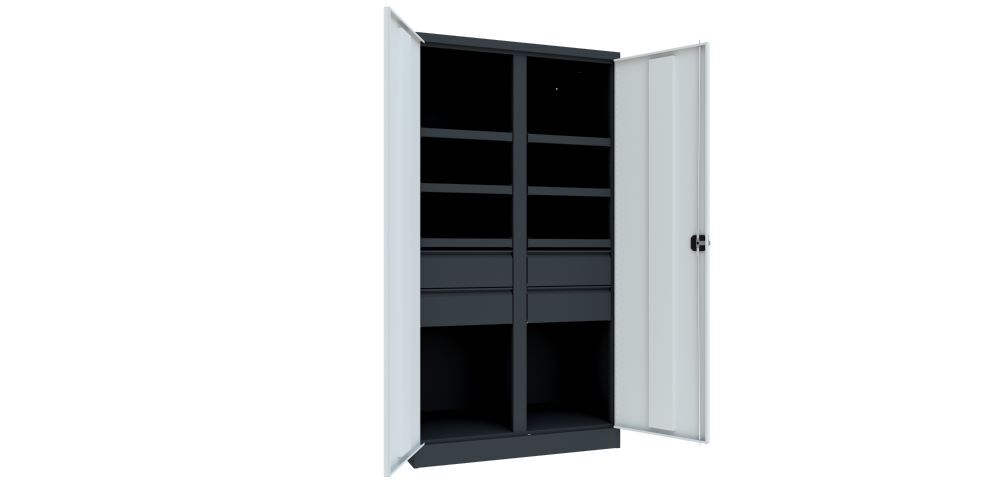 Produktbild Schwerlastschrank, Trennwand, 6 Fachböden a 200 kg, 4 Schubladen, RAL 7016/7035 bild 2