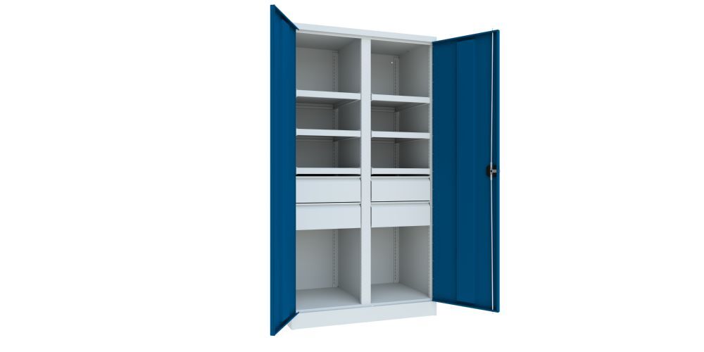 Produktbild PAVOY Schwerlastschrank Trennwand 6 Fachböden a 200 kg 4 Schubladen RAL 7035/5010