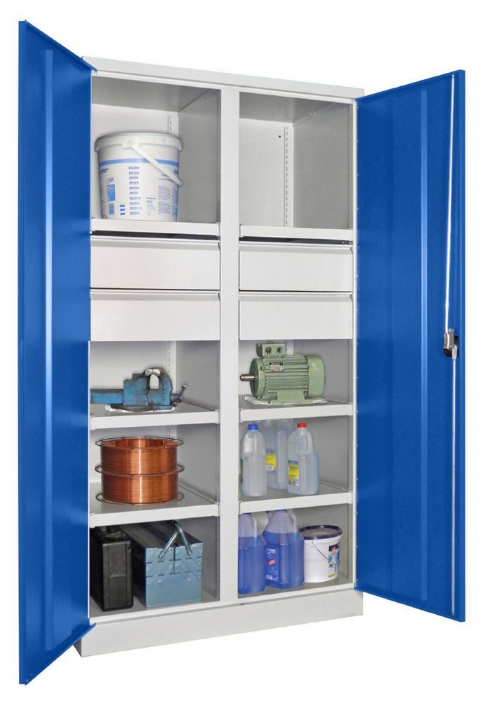 Produktbild Schwerlastschrank, Trennwand, 6 Fachböden a 200 kg, 4 Schubladen, RAL 7035/5010 bild 3