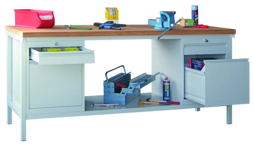 Produktbild PAVOY Werkbank 2000x700x900 mm 2 Schubladenblöcke 1 Boden RAL 7035