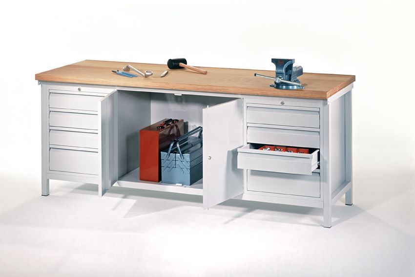 Produktbild PAVOY Werkbank 2000x700x900 mm 2 Schubladenblöcke 1 Schrank RAL 7035