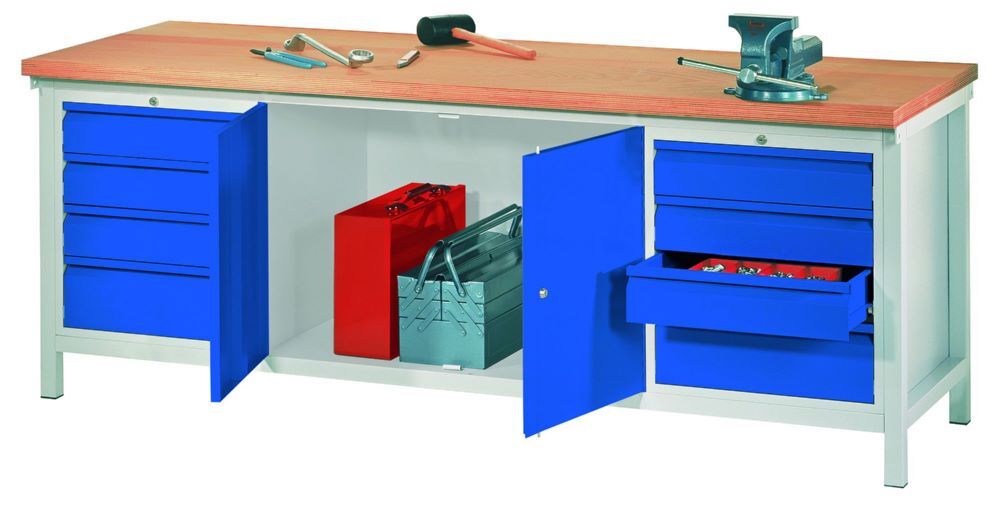 Produktbild PAVOY Werkbank 2000x700x900 mm 2 Schubladenblöcke 1 Schrank RAL 7035/5010