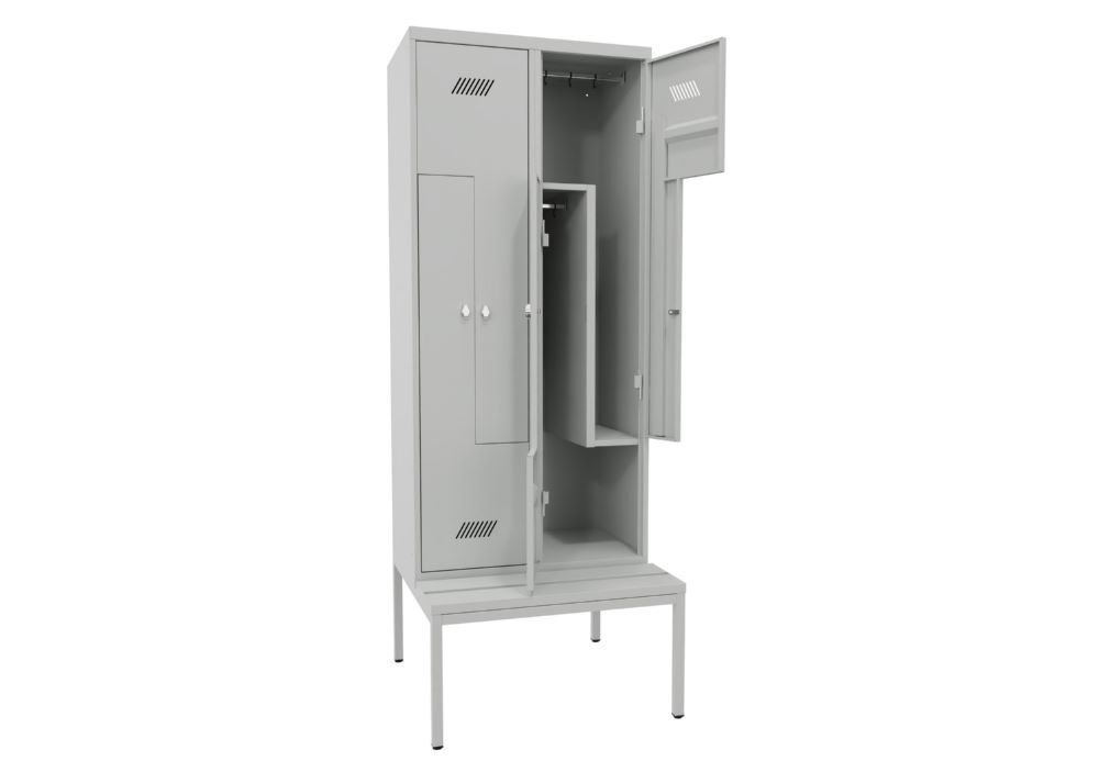 Produktbild PAVOY Z-Garderobenschrank mit Sitzbank 2150x800x500/800 mm 2 Abteile hellgrau RAL 7035
