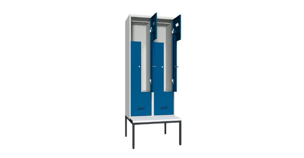 Produktbild PAVOY Z-Garderobenschrank mit Sitzbank 2150x800x500/800 mm 2 Abteile RAL 7035/5010