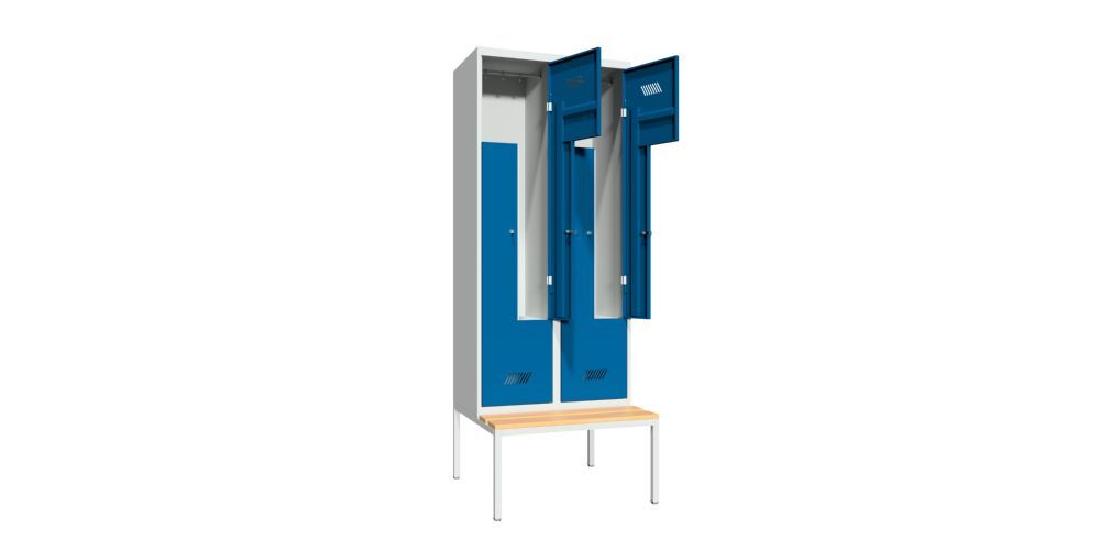 Produktbild PAVOY Z-Garderobenschrank mit Sitzbank 2150x800x500/800 mm 2 Abteile RAL 7035/5010