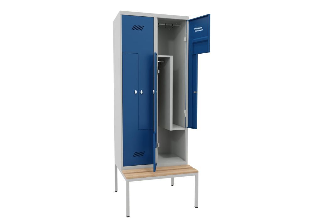Produktbild PAVOY Z-Garderobenschrank mit Sitzbank 2150x800x500/800 mm 2 Abteile RAL 7035/5010