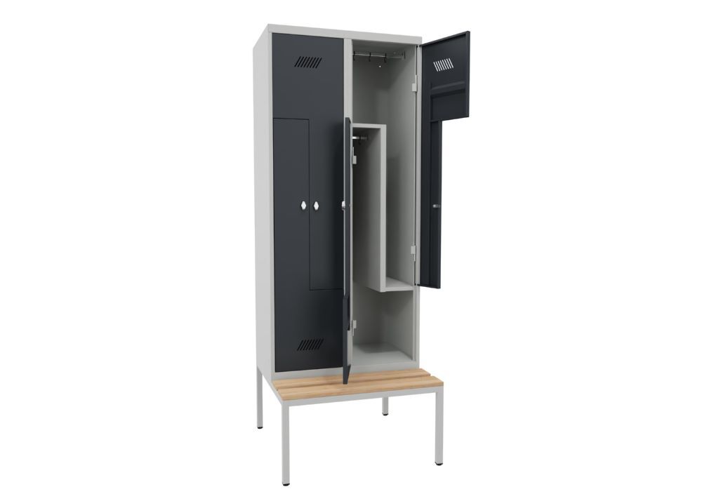 Produktbild PAVOY Z-Garderobenschrank mit Sitzbank 2150x800x500/800 mm 2 Abteile RAL 7035/7016