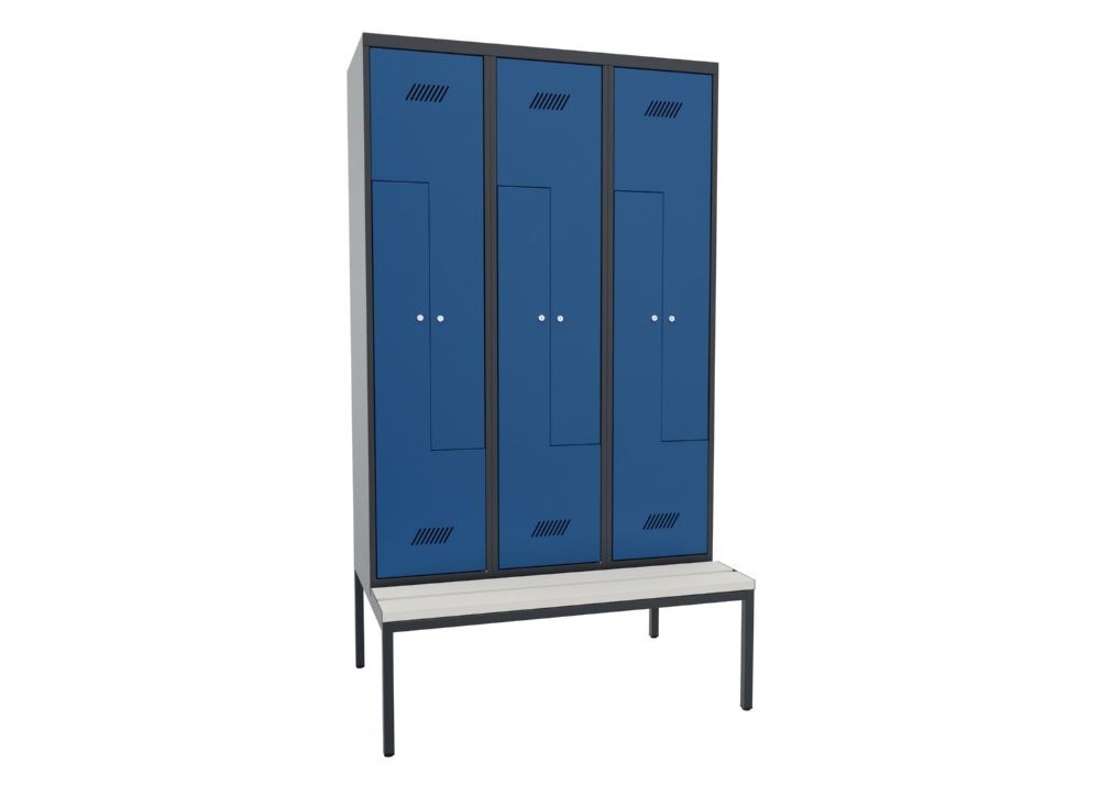 Produktbild PAVOY Z-Garderobenschrank mit Sitzbank 2150x1200x500/800 mm 3 Abteile RAL 7016/5010
