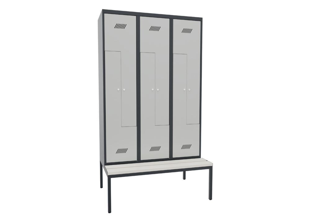 Produktbild PAVOY Z-Garderobenschrank mit Sitzbank 2150x1200x500/800 mm 3 Abteile RAL 7016/7035