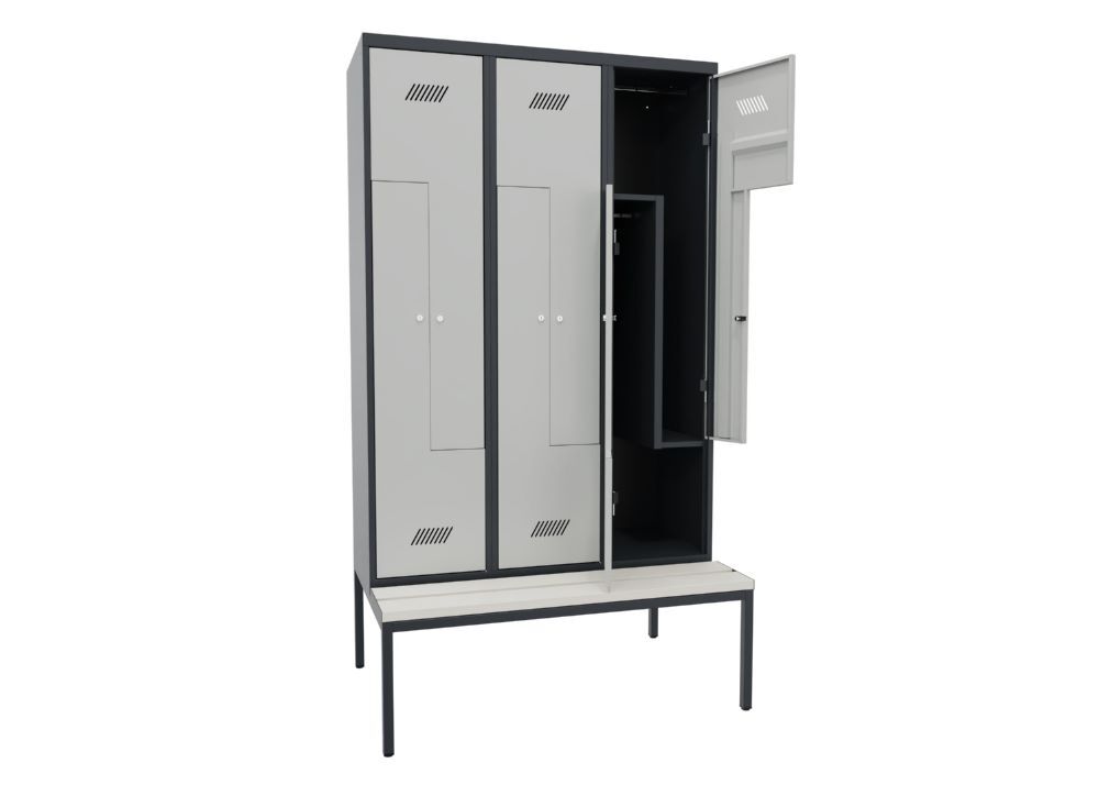 Produktbild Z-Garderobenschrank mit Sitzbank, 2150x1200x500/800 mm, 3 Abteile, RAL 7016/7035 bild 2