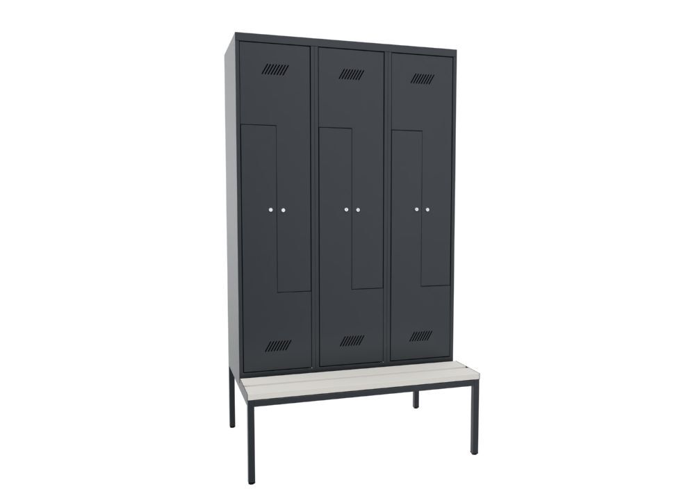 Produktbild PAVOY Z-Garderobenschrank mit Sitzbank 2150x1200x500/800 mm 3 Abteile RAL 7016